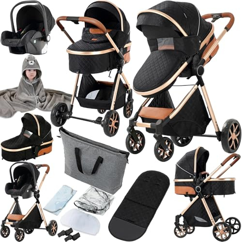 Prokoke Kinderwagen 3 in 1, Buggy mit Umkehrbarem Zwei-Wege-Schub, Kinderwagen Rahmen Aluminiumlegierung, Kombikinderwagen 3 in 1 Einem Klick Faltbar Baby Kleinkind Neugeborene (225 Black)
