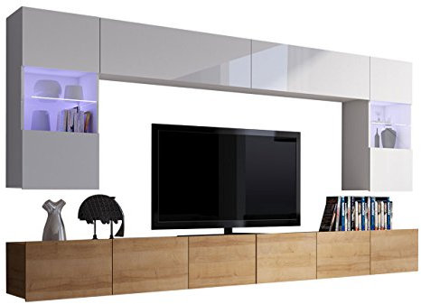 Mirjan24 Moderne Wohnwand Calabrini I, Anbauwand, Mediawand, Hängevitrine, TV Lowboard, Wandregal, Wohnzimmerschrank, Fernsehschrank (mit weißer LED Beleuchtung, Eiche Gold/Weiß + Weiß Hochglanz)