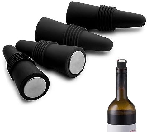 LYQNIHOB 4er Set Weinverschlüsse aus wiederverwendbarem, mit praktischem Griffoberteil für Frische und Aromaerhaltung - in Schwarz