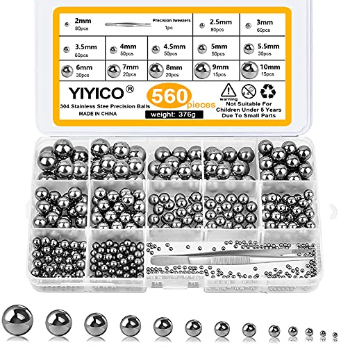 YIYICO Stahlkugeln Kugellager Kugeln Edelstahlkugeln Metallkugeln 560Stk | Edelstahlkugeln für Fahrrad Rad Ersatzteile Präzision 2/2.5/3/3.5/4/4.5/5/5.5/6/7/8/9/10 mm
