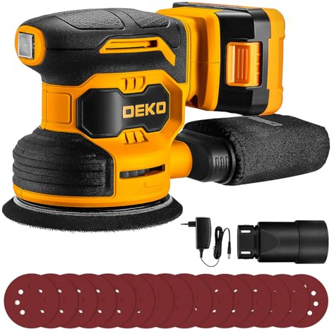 20V Exzenterschleifer Akku 125mm: DEKOPRO Schleifmaschine für Holz,6 variable Geschwindigkeiten, 125 mm Schleifer, Holzschleifer 13000 U/min,2000 mAh Batterie, mit Staubbeutel und 15 Schleifpapieren