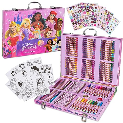 Disney Frozen Prinzessin Stitch Malkoffer mit 130 Teilen - Stifte im Koffer mit Ausmalbögen Buntstifte für Kinder Schulbedarf (Mehrfarbig Prinzessinnen-Set)