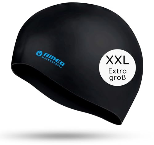 AMEO XXL Size Silikon-Badekappe – Extra große Swim Cap elastisch & strapazierfähig – wasserdichte, komfortable Schwimmhaube – Big Size Badekappe, schwarz