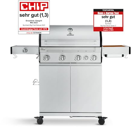 BURNHARD® Gasgrill 4-Brenner Deluxe, Edelstahl - Gusseisenrost - Series 3
