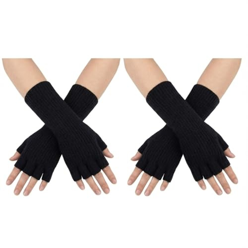 2 Pairs Unisex Fingerless Gloves Half Finger Stretchy Knit Gloves Lengthen Wrist Mittens Winter Warm Gloves