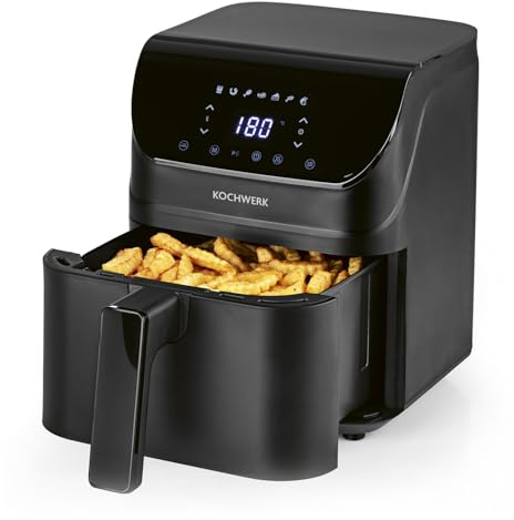 Rachs KOCHWERK Digitale Heißluftfritteuse 4L | Airfryer mit Touchscreen für fettarmes Garen, Grillen oder Backen ohne Öl | Erinnerungsfunktion zum Wenden | Leichte Reinigung | 1400W
