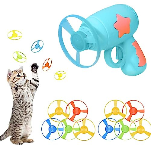 Katze-Spielzeug Cat Fetch Toy mit 1 Blau Launchers und 10 Bunte Haustier | Gamrong Spielzeug für Katze Cat Toy Sets Fliegende Chasing Untertasse Propellers für Interactive, Training, Jagen, Schlagen