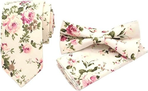 XFSRG Krawatten für Herren Set mit Blumenmuster Fliegen und Taschentuch Geeignet für Hochzeit Party Weihnachten Modisches Accessoire (Hellbeige)