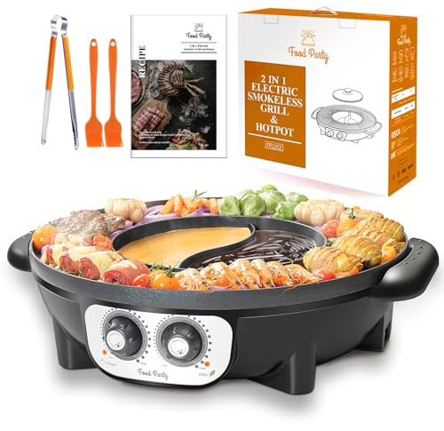 Food Party Hot Pot und Tischgrill Elektrisch Hotpot Topf Elektrogrill 220V 2200W 2 in 1 Electric Hot Pot Indoor Korean BBQ Grill Thai Barbecue Fondue Raclette XXL für 8 Personen