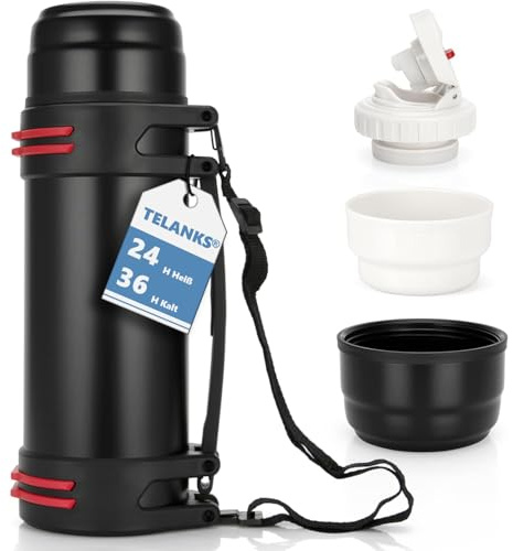 TELANKS Thermosflasche mit Becher 1 L, 1,5 L oder 2 L aus Edelstahl | Doppelwandige Vakuumisolierung, 24h Heiß & Kalt, Auslaufsicher, mit Griff & Tragegurt, für Camping Oder Wandern (1,5 L)