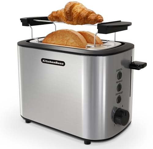 KitchenBoss Edelstahl-Toaster für 2 Scheiben：Toaster mit Brötchenaufsatz und Herausnehmbare Krümelschublade, 6 Bräunungsstufen, mit Abschaltautomatik, Auftaufunktion und Reheat-Funktion, 870W