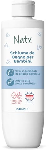 Naty Baby Badeschaum 240 ml – keine Tränen, ohne Duftstoffe, 98% natürlichen Ursprungs, vegan, zertifizierte Naturkostmetik (COSMOS Natural), für empfindliche Haut, ohne Sulfate (SLS/SLES)