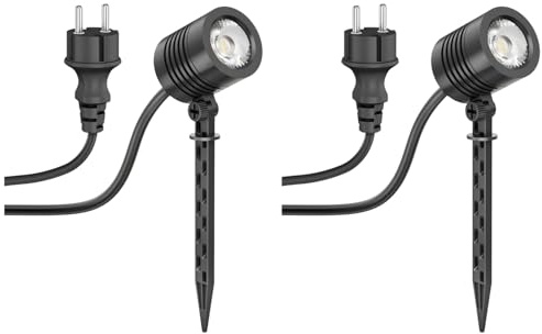ledscom.de 2 Stück Kleiner LED Gartenstrahler mit Erdspieß TARL für außen, IP65, Stecker, schwarz, 4,3 W, 340lm, warmweiß