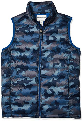 Amazon Essentials Jungen Leichte, Wasserabweisende, Verstaubare Daunenweste Mit Kapuze, Blau Tarnmuster, 8 Jahre