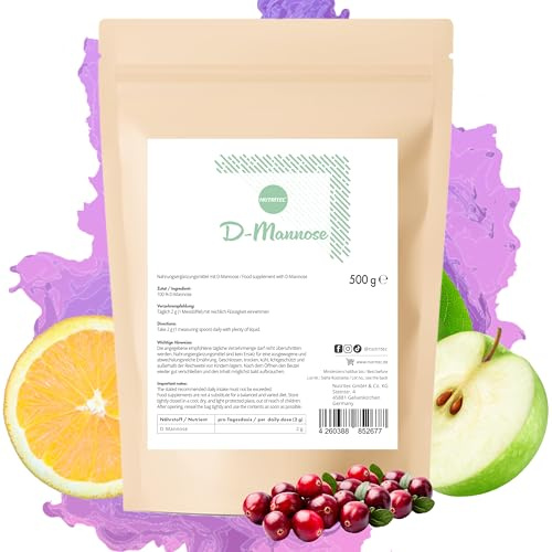 Reines D-Mannose Pulver 500 g mit Messlöffel - 250 Tage Vorrat - ohne Zusatzstoffe, deutsche Qualität - hochdosiert, gut löslich, vegan, ohne Gentechnik | Nutritec