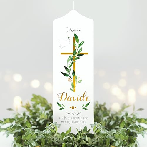 Wandtattoo Loft Taufkerze Mädchen oder Junge mit Taufspruch, Motiv Taube und Jesuskreuz, 25cm x 7cm, personalisierte Kerze, bedruckte Kerze zur Taufe, Stumpenkerze, Geburtskerze, Taufgeschenk