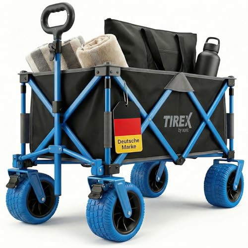 TIREX by xonic® Bollerwagen Faltbar PU XL Rädern aus Vollgummi – Strand & Garten Faltbarer verstellbarem Griff & Fußbremse – Robuster Transportwagen für Kinder & Camping (PU XL Räder, Blue'n Grey)