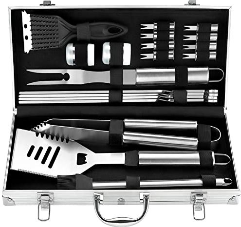 ROMANTICIST 20PCS Edelstahl Grillset für Geschenk - Edelstahl Grillzubehör Set im Aluminium - Professionelle Grillbesteck Koffer für Männer Frauen