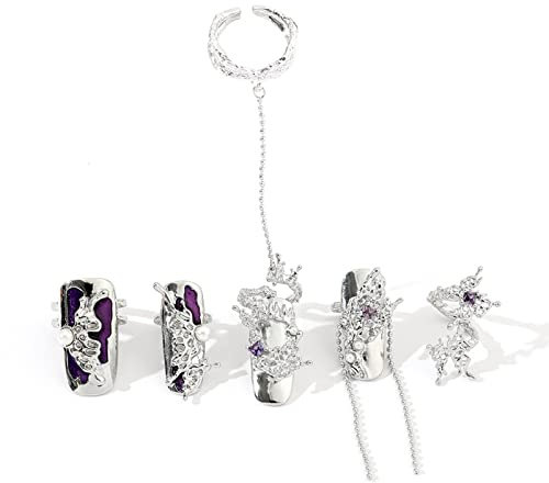 NICENEEDED 5 Stück Fingernagelringe, Punk-Silber-Fingerspitzen-Ring-Set, Verstellbare Öffnung, Modische Rhinestone-Knuckle-Nagelringe, Dekorationsspitze Für Den Nagelstudio Zu Hause Für Frauen