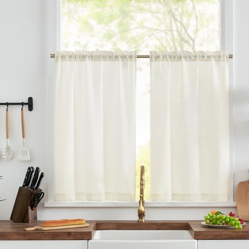 TOPICK Scheibengardinen modern Wohnzimmer Küche Weiß Bistrogardine 2er set Scheibengardinen Küche Leinenoptik Küchengardinen kurz H60xB65 cm Küchenvorhänge Landhausstil Gardine Küchenfenster