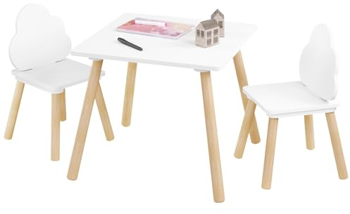 WOLTU Kindertisch mit 2 Stühlen, 3tlg. Kindersitzgruppe, Kinder Tisch Stuhl Set, Kinderstuhl mit Wolken-Rückenlehne, Massivholzbeine, für Kleinkinder Vorschüler, zum Lesen Essen