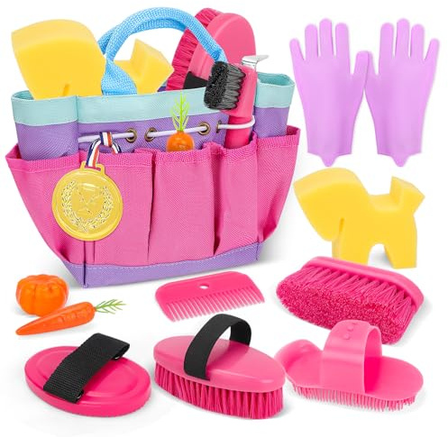 deAO Spielzeug Pferdepflege-Set mit Tasche, Putzzeug Pferde für Kinder, Zubehör für Pferde Spielzeug mit Kardätsche, Handschuhe, Massagebürste, Mähnenkamm, Hufkratzer, Pferdchenschwamm (Rosa)