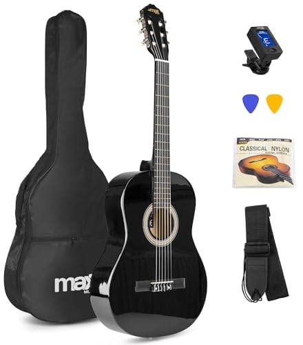 MAX SoloArt - 4/4 Akustik Gitarre für Anfänger Einsteiger Erwachsene - Akustikgitarre inkl. Tasche, Stimmgerät, Plektrum, Gurt und Zubehör - Acoustic, Konzertgitarre in Schwarz