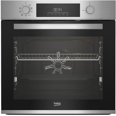 Beko BBIM12300XMPEF Einbau-Backofen, Multifunktionsofen, 72 l Volumen, 10 Funktionen, FlexiCrisp für kontrolliertes Nachbräunen, Pyrolyse, versenkbare Knebel, Cool door, Edelstahl/Schwarz