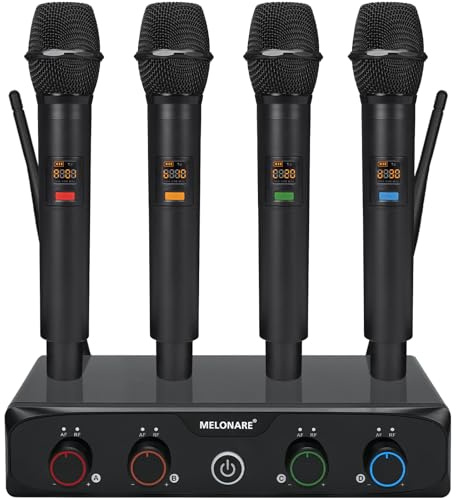 4-Kanal Funkmikrofon Set, MELONARE UHF Kompakt Mikrofon Kabellos mit 4x10 Frequenzen, 200ft Reichweite, Dynamisches Handmikrofon für Gesang, Karaoke, Kirche, DJ, Hochzeiten (MWM-41-4H)