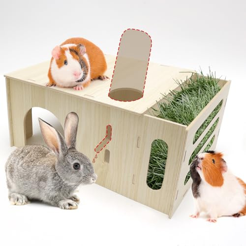 GHWMYD Heuraufe Meerschweinchen Haus aus Holz, Groß Versteck für Zwerg Hamster Rennmäuse Degus Stachelmäuse Kaninchen, Kleine Haustiere Spielzeug Zubehoer, 40x17x24cm