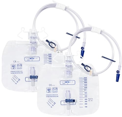2 Stück Urindrainagesystem, Urinbeutel 2000ml mit Anti Reflux Ventil und T-Ablass, Urindrainagebeutel mit 120cm Schlauch (2)