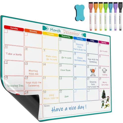KTRIO A3 Magnetischer Monats-Wochenplaner für Haushaltsplan, Einkaufsliste, Essens- und Fitnessplanung. Nass & trocken abwischbares Whiteboard mit 7 Markern und Schwamm zum Aufhängen.