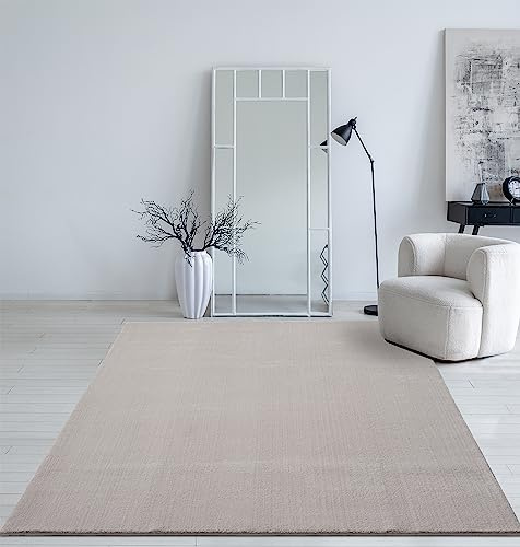 Mia´s Teppiche Taos – kuscheliger Kurzflor Teppich in Felloptik, super Soft & waschbar bis 30°C, mit Anti-Rutsch-Unterseite, Wohnzimmer & Schlafzimmer, Made in Türkiye, Sand, 200 x 280 cm