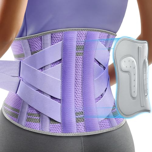 Rakiie Rückenstützgürtel für Damen, 9-faches Rückenbandage, Ergonomische Lendenwirbelstütze mit 3D-Pad, Nierengurt von Rückenschmerzen, Lila Größe M (Taille: 85-100CM)