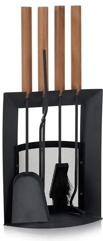 SULENO Kaminbesteck LIVERPOOL 5-teilig Kamingarnitur mit Ascheschaufel Besen Schürhaken, Kaminset & Halter, Ofenbesteck anthrazit mit Holzgriff