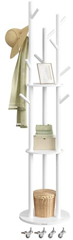 VASAGLE Garderobenständer, Kleiderständer mit 11 Haken und 3 Ablagen, 4 drehbare und abnehmbare Rollen, Haken und Haltestangen aus Massivholz, Eingang Schlafzimmer Wohnzimmer, wolkenweiß RCR023W01