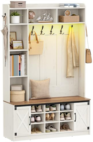 Hzuaneri Garderobenständer mit Sitzbank, Garderobe mit LED, Kleiderständer, Verstellbare Regalböden, 15 Offene Fächer, 7-Haken, für Eingangsbereich, 40,3 x 120 x 191 cm, Weiß-Braun HT24614XEU