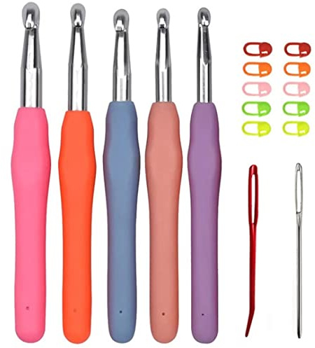 Häkelnadelset, Größe 6,5 mm 7,0 mm 8,0 mm 9,0 mm 10,0 mm Weiche Griffe Große Häkelnadeln mit Nadeln und Stichmarkierungen (Multi-Colored A)