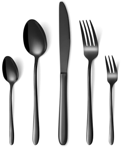 HONKKU Besteck Set Schwarz, 30 Teilig Edelstahl Besteckset für 6 Personen, Essbesteck Set mit Abendessen Messer, Gabeln und Löffeln für Zuhause/Restaurant/Party/Bankett, Rostfrei Spülmaschinenfest