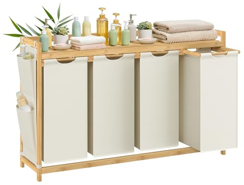 SONGMICS Wäschekorb 4 Fächer, Bambus, Wäschesammler 200 L, Wäschesortierer, mit Ablage, Wäschesack, kleine seitliche Taschen, Wäscheregal, 4 x 50 L, 124,6 x 33 x 78 cm, cremeweiß RLH120W01