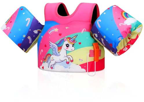 MoKo Kleinkind Schwimmflügel für Kinder, Schwimmjacke für Kleinkinder 20-50 lbs, Wasserflügel mit Notfallpfeife, Niedliche Schwimm Trainingsweste Zubehör für Schwimmbad, Rosa Regenbogen Einhorn