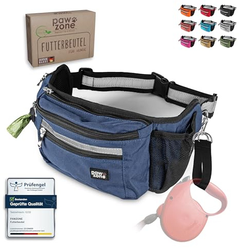 PAWZONE Futterbeutel Hunde - Leckerlibeutel für Hunde - Bauchtasche für Hunde Zubehör - Leckerlitasche für Hunde - Inkl. Reflektorband & Zusatzgurt für Flexileine (Marineblau)