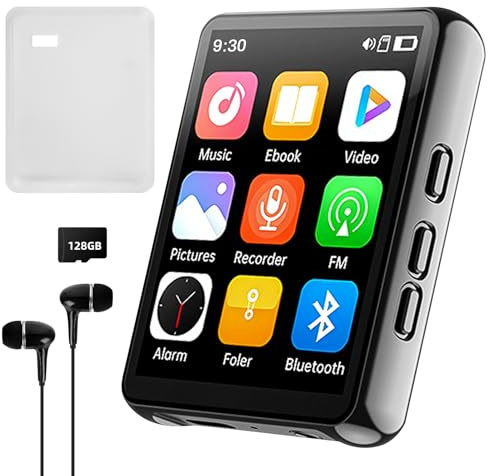 128GB MP3 Player mit Bluetooth, tragbarer digitaler Musikplayer mit Lautsprecher, 2.4 Full Touch Screen, HiFi Sound, FM Radio Recorder, kabelgebundene Kopfhörer inklusive, zum Laufen, Fitnessstudio