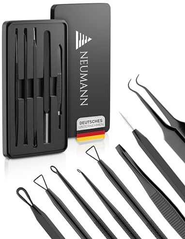 NEUMANN® Mitesserentferner-Set (rostfreier Edelstahl) zum entfernen von Pickeln, Blackheads & co. - Komedonenquetscher, Heber, Remover - Verschiedene Tools: Schlingen, Pinzetten, Lanzette [Schwarz]