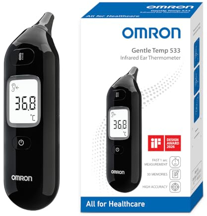 OMRON Gentle Temp 533 Fieberthermometer Ohr für Kinder, Babys & Erwachsene | Infrarot Digitalthermometer für schnelle, genaue Messungen ohne Berührung, Sonde ohne Schutzhülle, schwarz