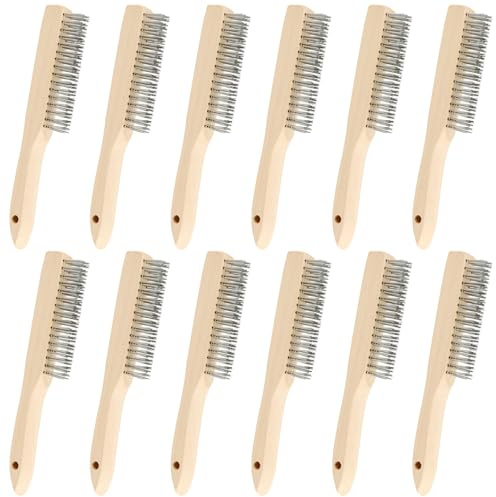FUNSUEI 12-tlg Drahtbürste mit Holzgriff, 4-reihig, 240 mm Lang Metallbürste Handdrahtbürste Stahl Stahlbürste für Metall, Holz, Grill