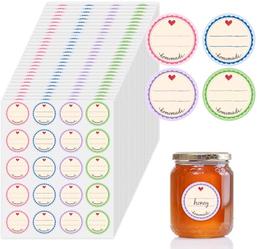 Willingood 600 Stück Marmeladen Etiketten Selbstklebend, 4 Farbe, Ø38 mm | Dekorative Sticker, Aufkleber Marmeladenglas zum Beschriften von Einmach-Gläsern, Gewürzetiketten, Rund, Ablösbar, Homemade