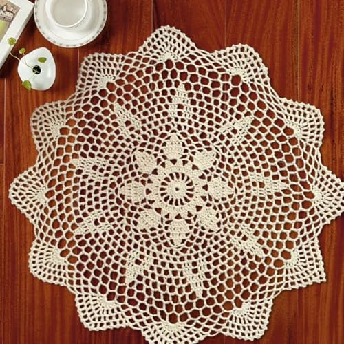 Vintage Häkeldeckchen Matten, Runde Spitze Tischdecke Blume Tischdecke Handgemachte Baumwolle Weiß/Beige 40cm Durchmesser (Beige)