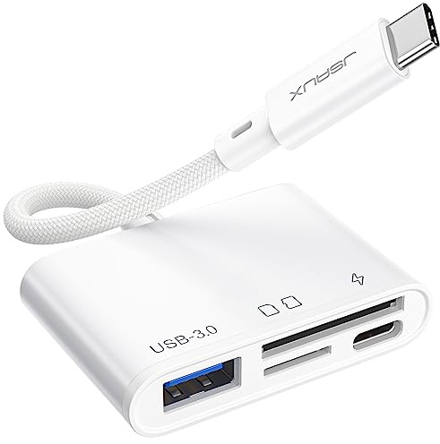 JSAUX USB C SD Kartenleser mit USB 3.0 Port & Ladeanschluss, 4-in-1 Micro SD Card Reader Typ C Kartenlesegerät Kompatibel mit iPhone 16 Pro Max, iPad Pro, MacBook Pro/Air, Galaxy S24 Ultra -Weiß