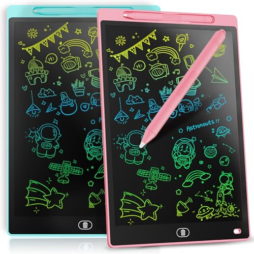 [2 STÜCKE] LCD Schreibtafel 12 Zoll, Genialba Buntes LCD Schreibtablett, LCD Writing Tablet, Elektronischer Tablette, Grafiktablett für Kinderspiele 2 3 4 5 6 7 Jahre Jungen Mädchen (Blau&Rosa)